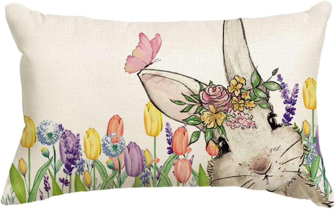 Easter Bunny Throw Pillow Cover – 12x20" Spring Rabbit Cushion Case